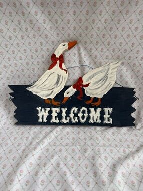 Double Sided 'Welcome' Sign with Painted White Geese